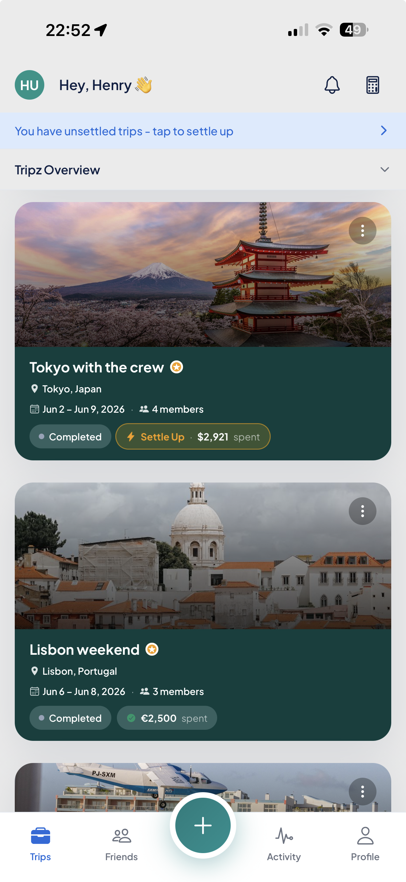 Grptripz home screen showing your group trips