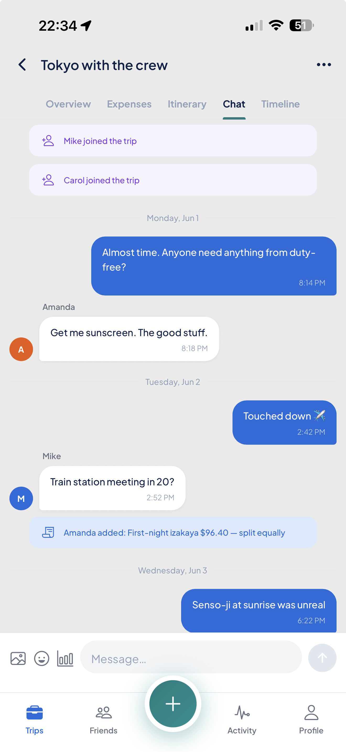 Built-in group chat with system messages and reactions