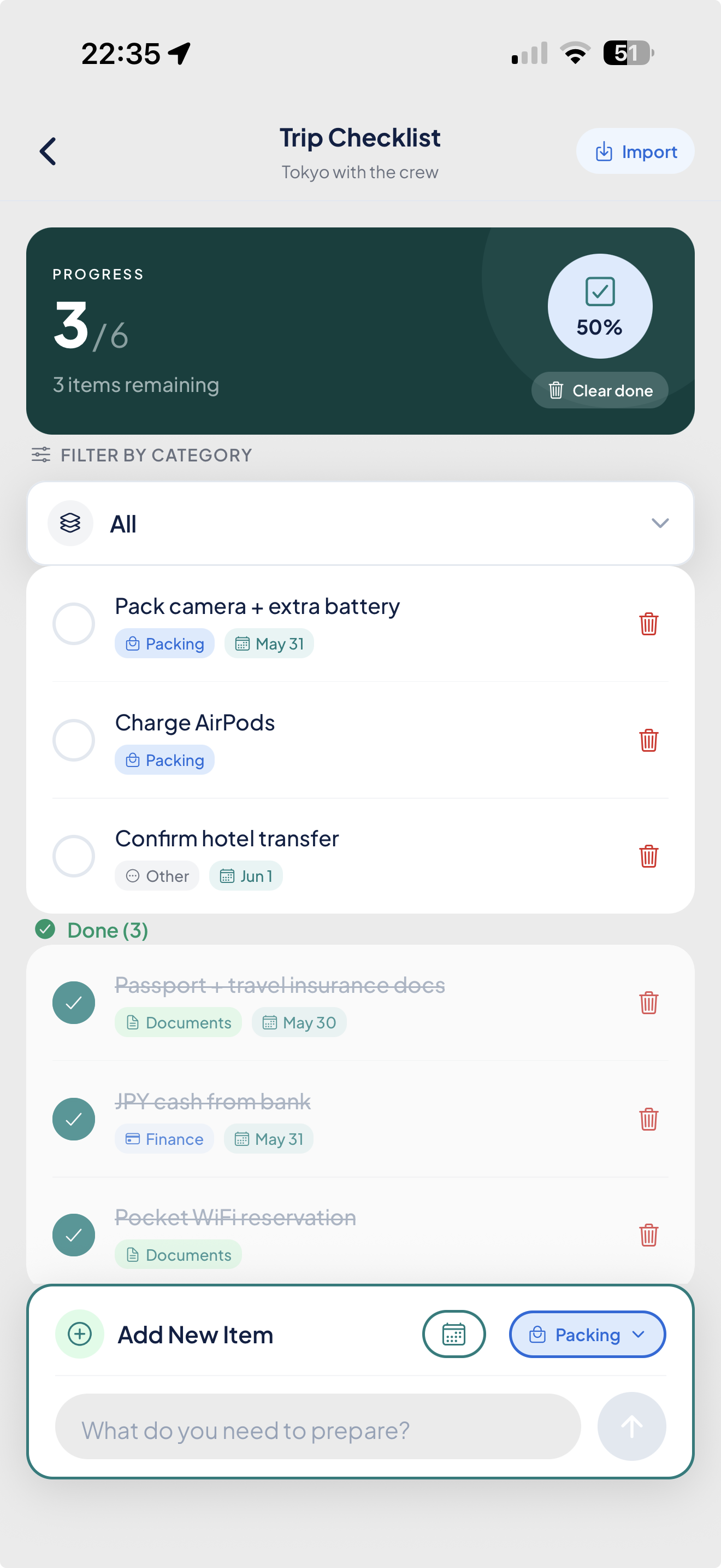 Personal trip checklist with progress and per-category items