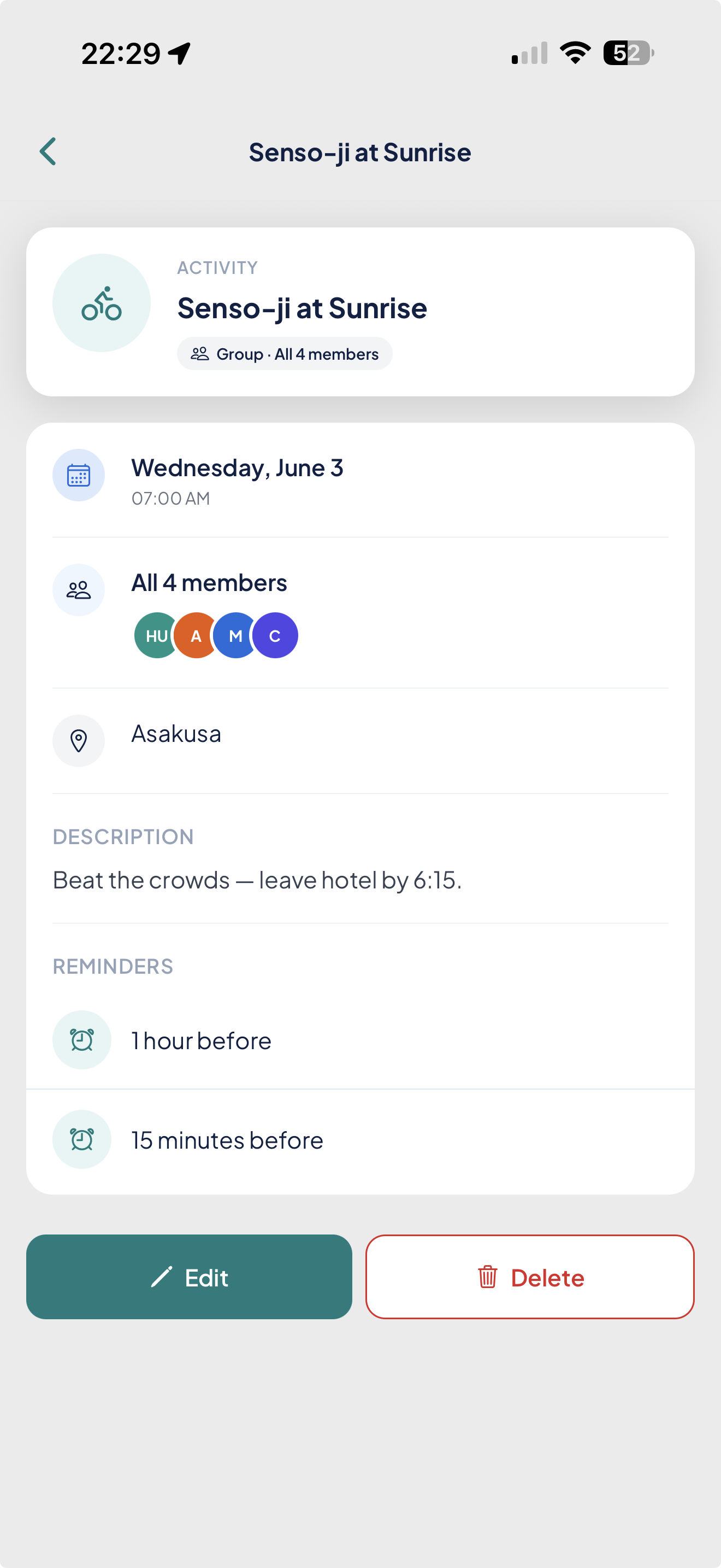Smart reminder notification with Personal, Shared and Group scope on an itinerary event