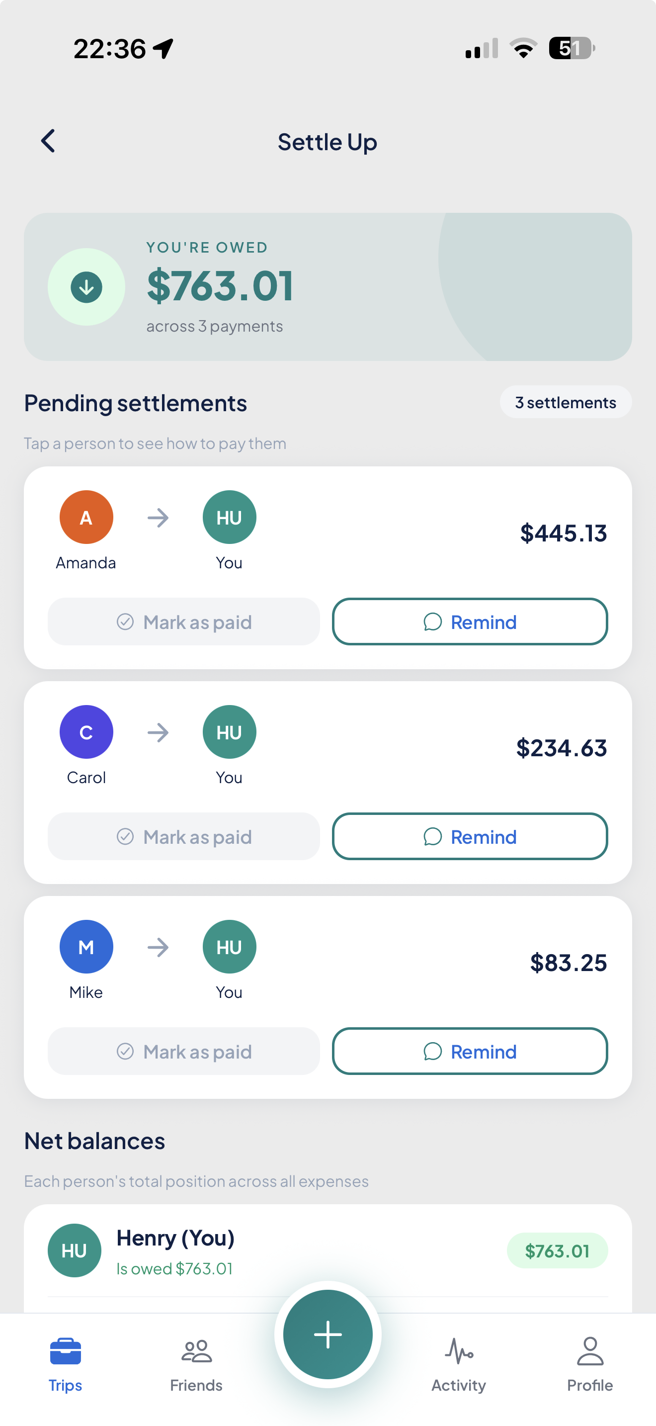 Settle Up — pending settlements and net balances